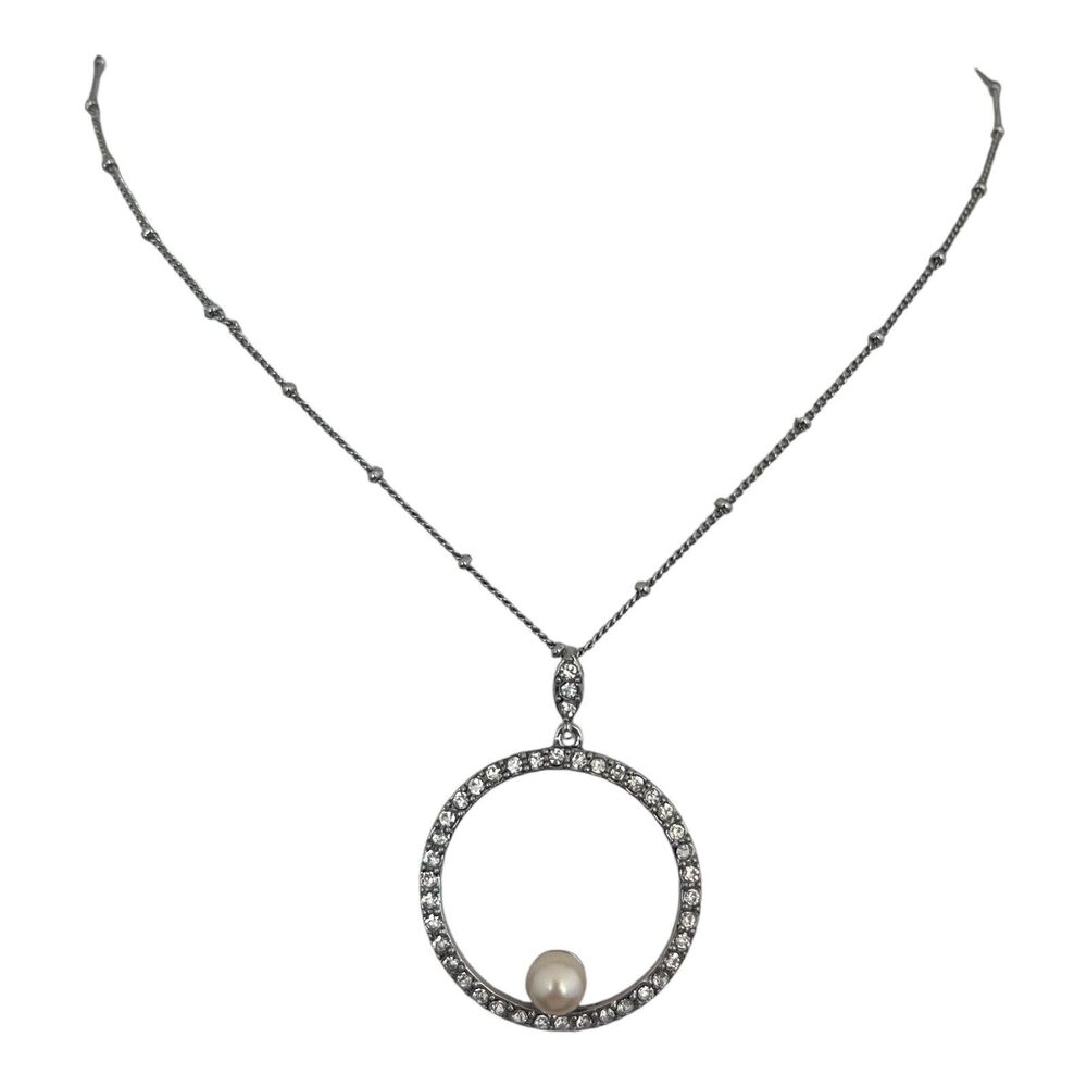 Vintage 1980s Monet Crystal Circle Pendant Necklace Pearl Accent - 7D